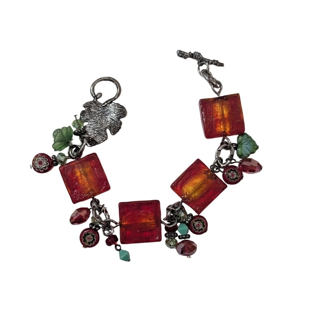 Red‎ Glass Square Bead Charm Bracelet Green Leaf Millefiori Toggle Clasp 7Inch